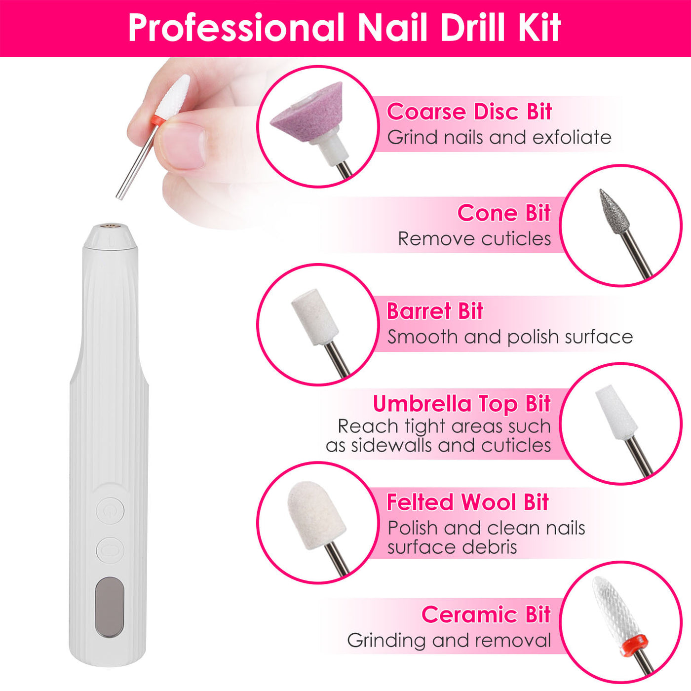 1Pc Portable Cordless Electric Nail Drill Kit Charging Base With UV Nail Dryer 6Pcs Nail Drill Bits 5Speeds Direction Control Timer Setting For Acrylic Gel Nails Polish Manicure Pedicure