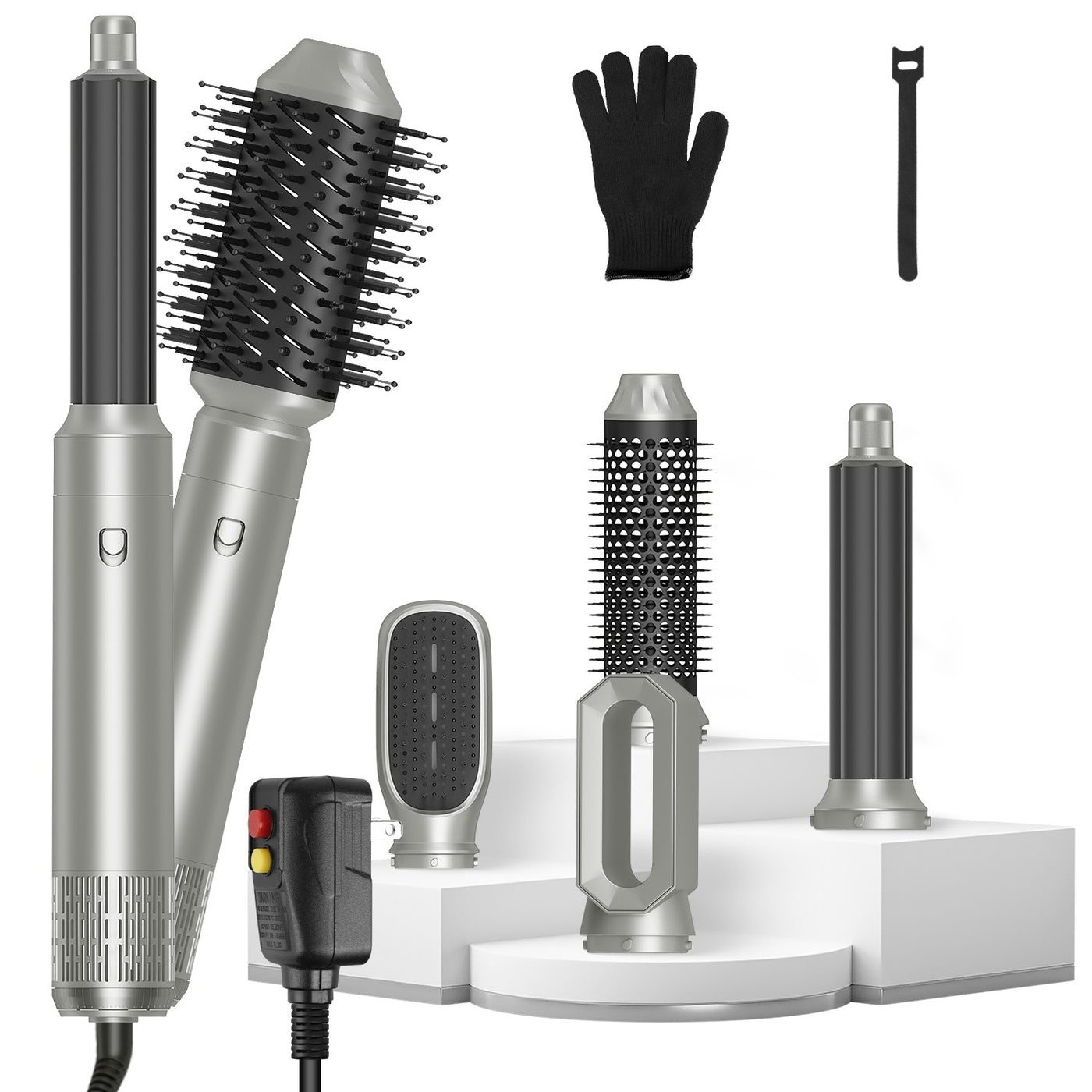 1Pc 6 In 1 Hot Air Styler Volumizer Straightener Curler Dryer Automatic Wrap Styler Hair Dryer Brush Set With 3 Temp Settings ALCI Plug Glove Cable Zip Tie