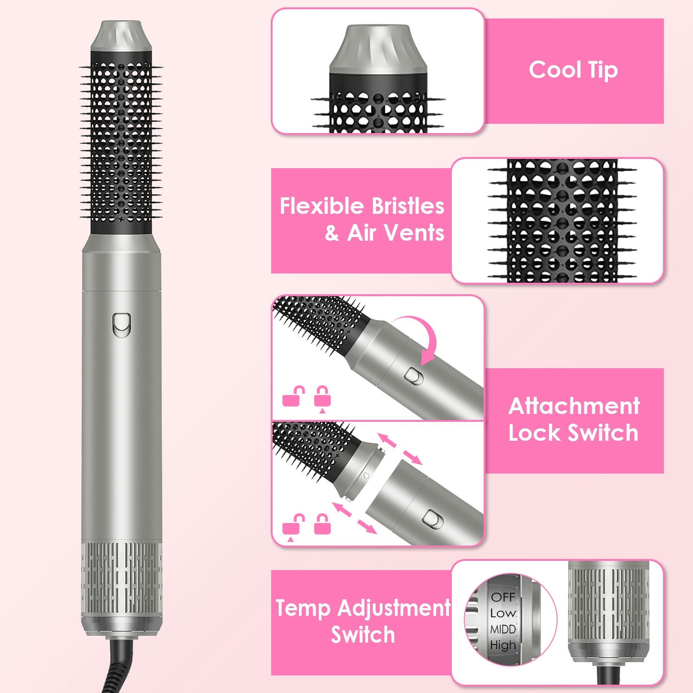 1Pc 6 In 1 Hot Air Styler Volumizer Straightener Curler Dryer Automatic Wrap Styler Hair Dryer Brush Set With 3 Temp Settings ALCI Plug Glove Cable Zip Tie