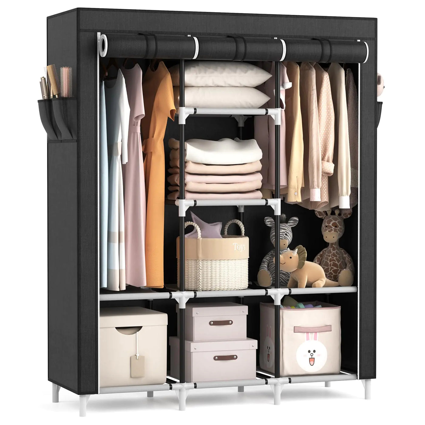 VTRIN Portable Closet Large Capacity Portable Wardrobe with 2 Hanging Rods and 8 Storage Shelves Sturdy Free Standing Closet Wardrobe for Hanging Clothes with Side Pockets Black