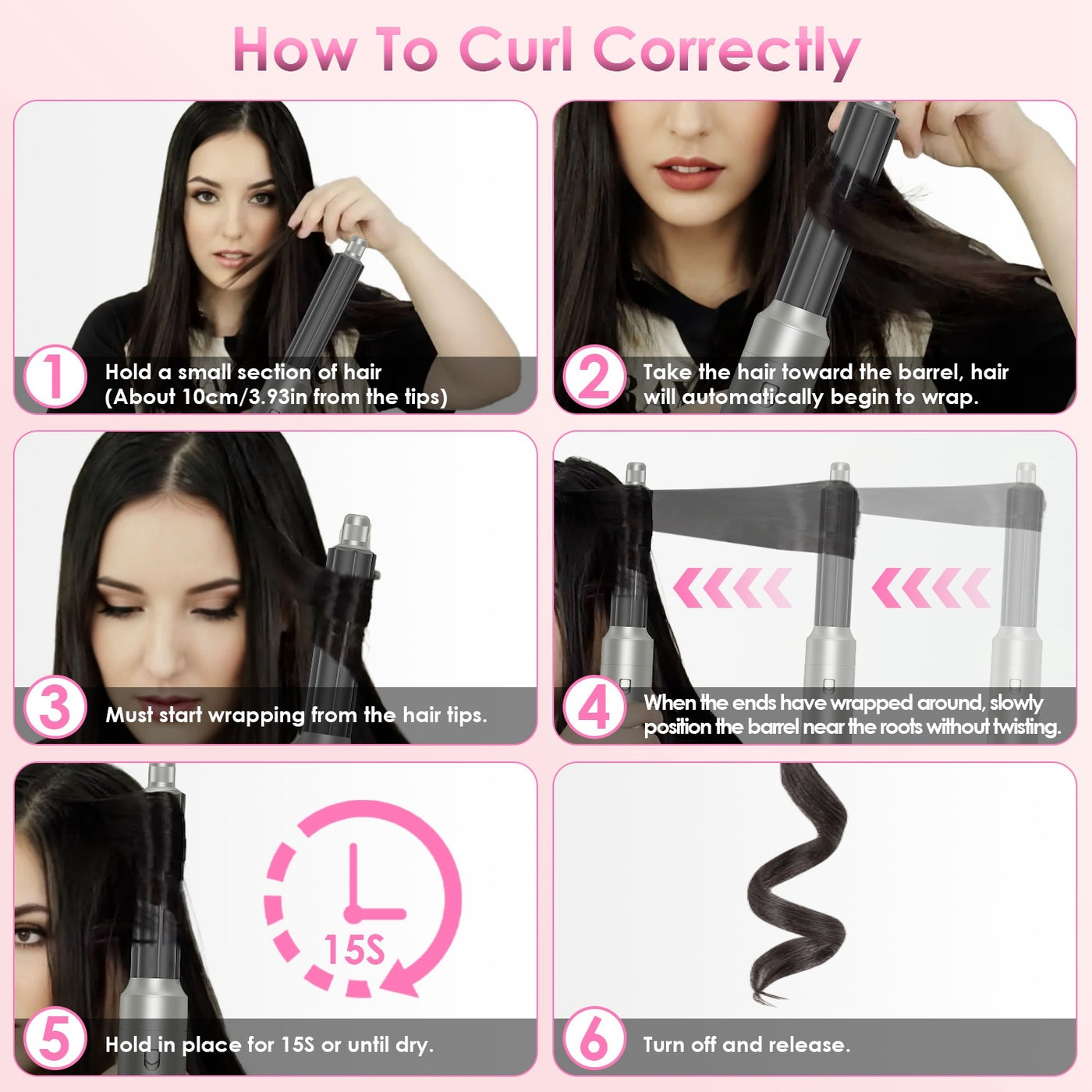 1Pc 6 In 1 Hot Air Styler Volumizer Straightener Curler Dryer Automatic Wrap Styler Hair Dryer Brush Set With 3 Temp Settings ALCI Plug Glove Cable Zip Tie