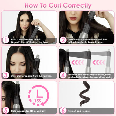 1Pc 6 In 1 Hot Air Styler Volumizer Straightener Curler Dryer Automatic Wrap Styler Hair Dryer Brush Set With 3 Temp Settings ALCI Plug Glove Cable Zip Tie