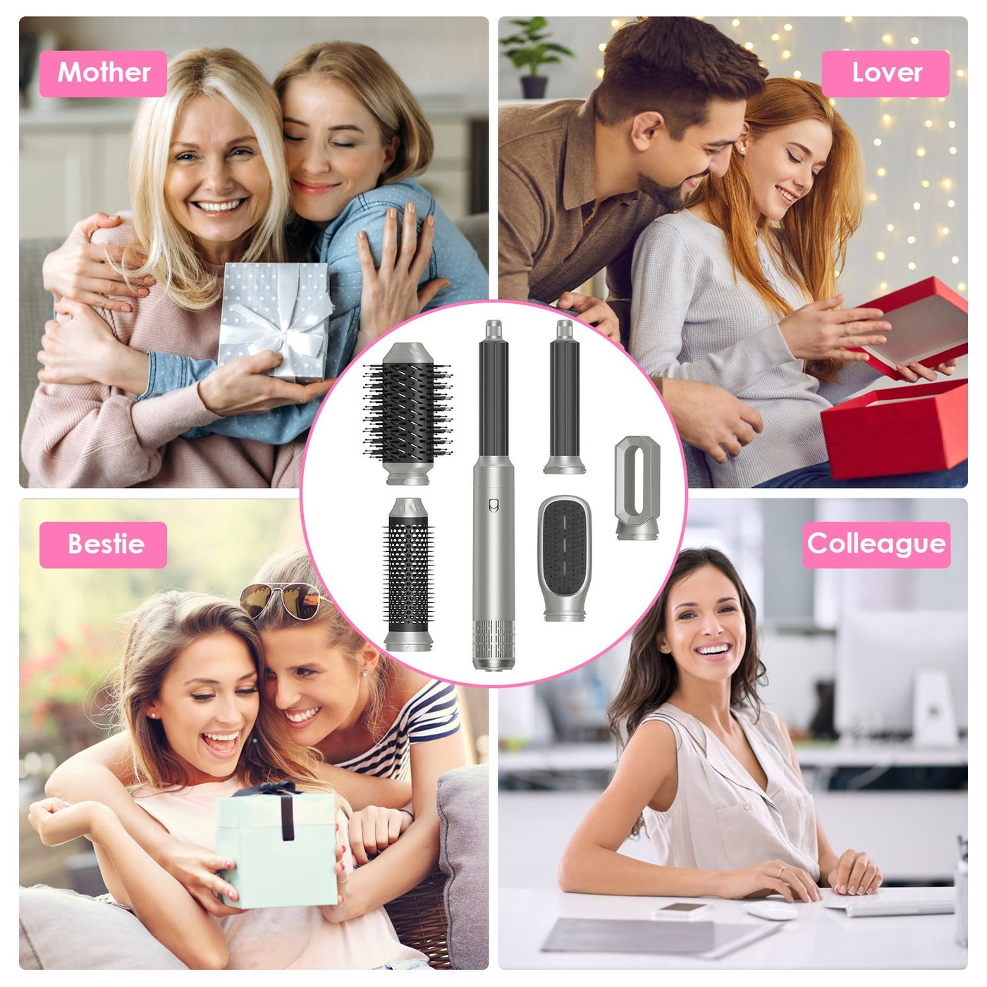 1Pc 6 In 1 Hot Air Styler Volumizer Straightener Curler Dryer Automatic Wrap Styler Hair Dryer Brush Set With 3 Temp Settings ALCI Plug Glove Cable Zip Tie