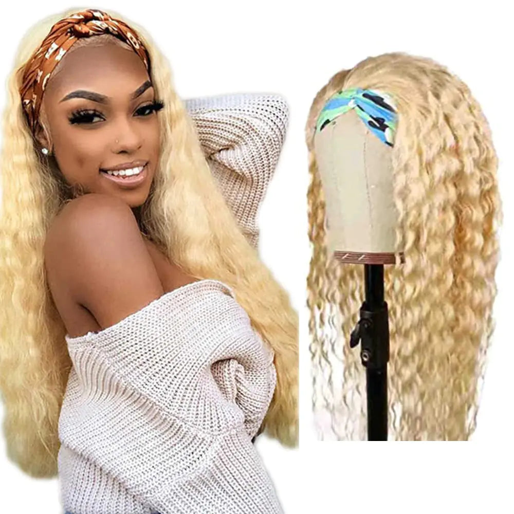 613 blonde deep wave headband wig made with 100% virgin human hair—glueless, full machine-made, and easy to wear for a natural, stylish look (18 inch)