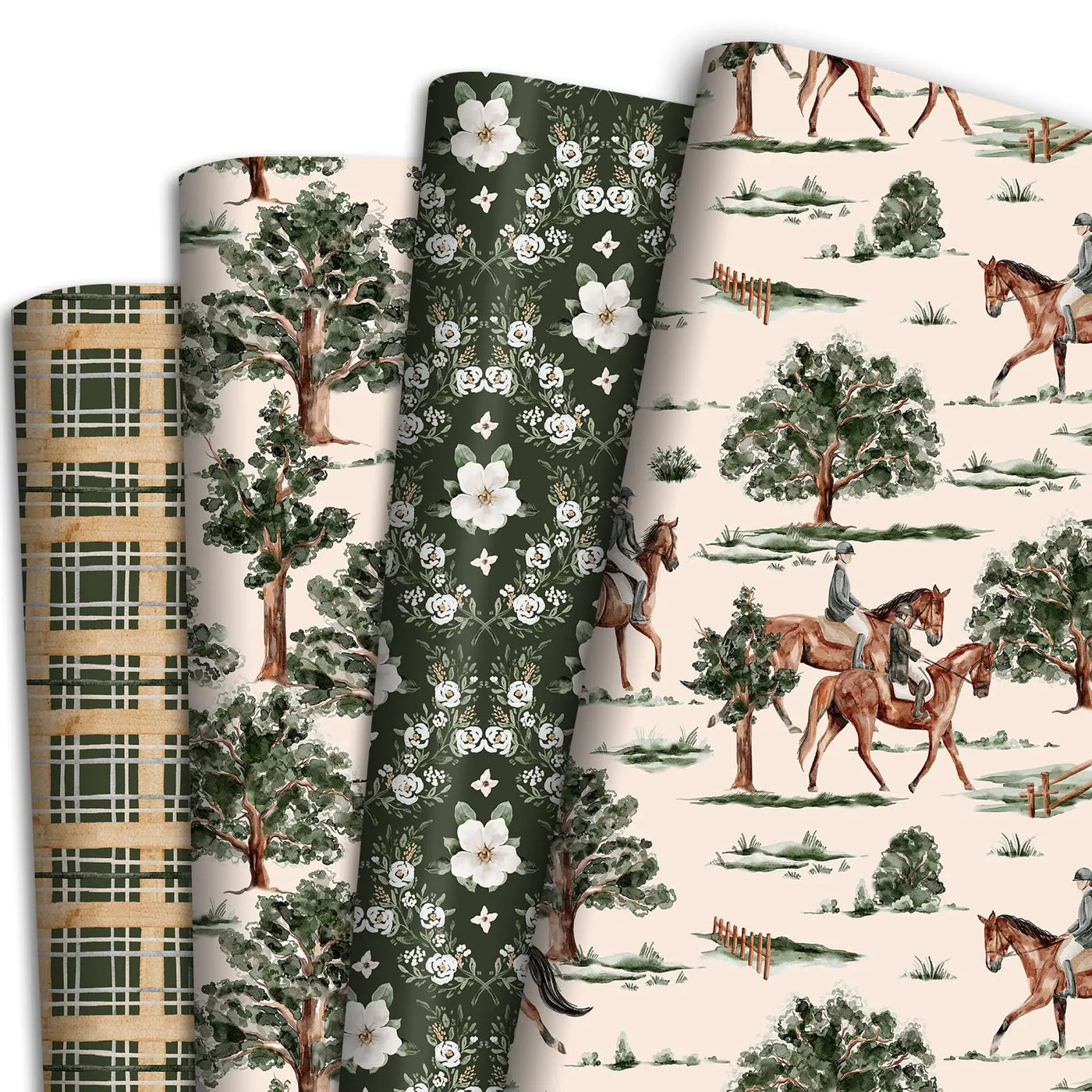 Vnaaem Forest Wrapping Paper for Men - 8pcs Green Gift Wrap Paper Bulk with Green TreesFloral&Horse - Camping Wrapping paper for Wedding Birthday Baby Shower Art Crafts Gift Packing(19.6 X27.8Inch)