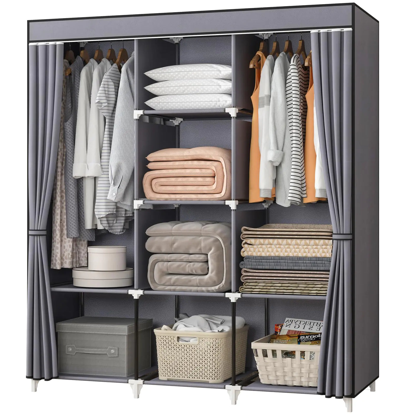 KEKIWE Portable Closet 51 Inch Wardrobe Closet for Hanging Clothes with 2 Hanging Rods 8 Storage Organizer Shelves for Bedroom Durable and Easy to Assemble Grey