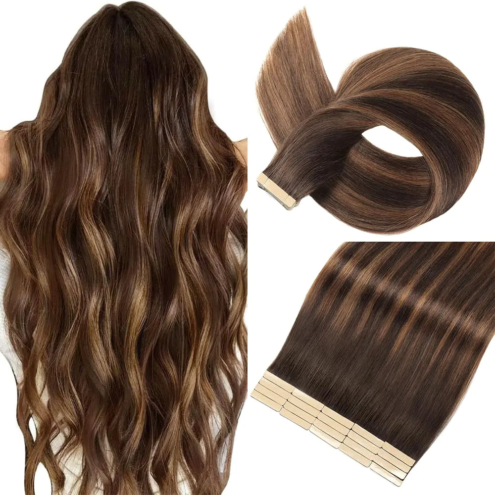 Tape in Hair Extensions Real Human Hair 24 Inch Dark Brown to Mixed Chestnut Brown Tape for Skin Weft Hair Extension Invisible Tape in Hair Extensions Straight Remy Human Hair for Women 20pcs